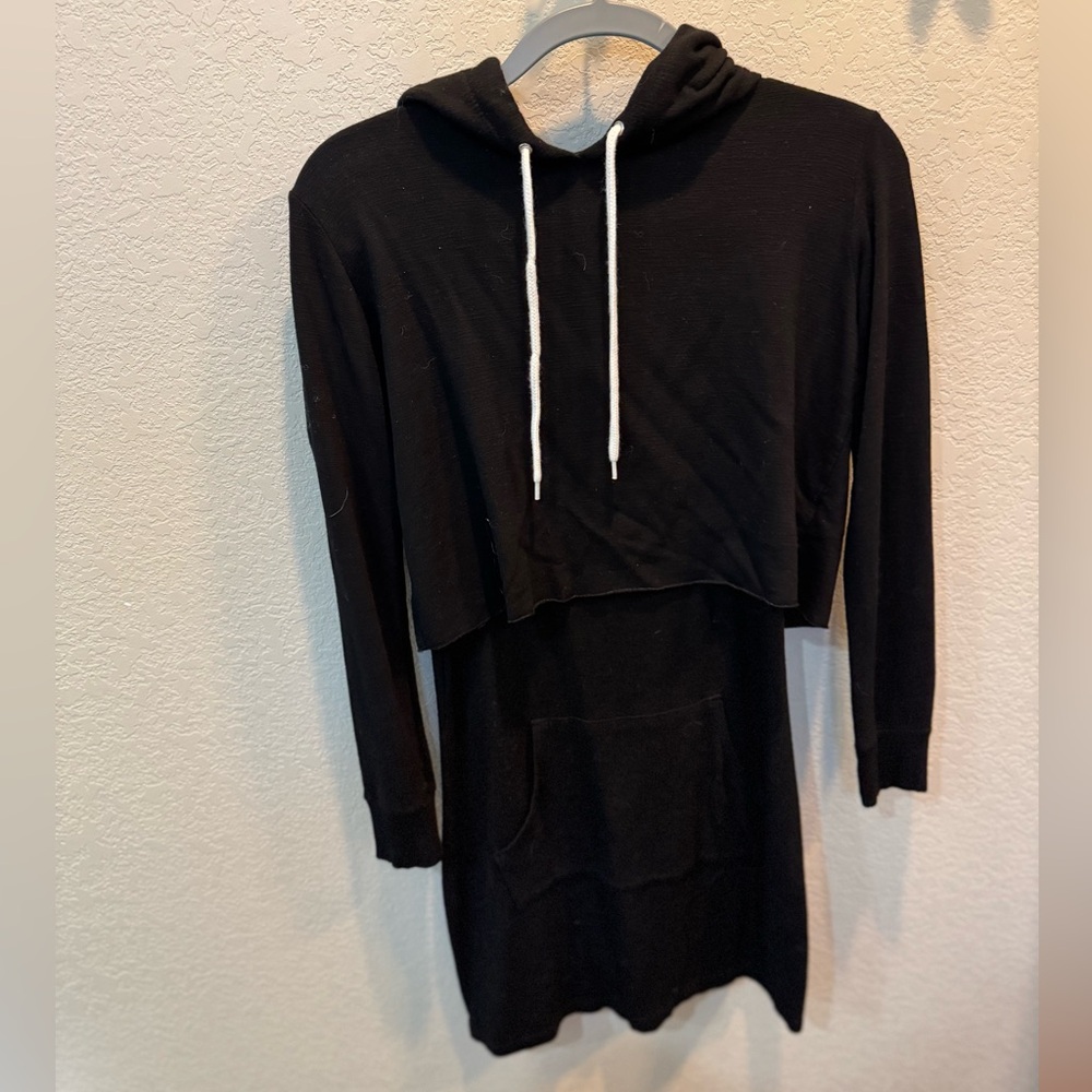 Monrow Classic Black Hoodie Dress with White Accents